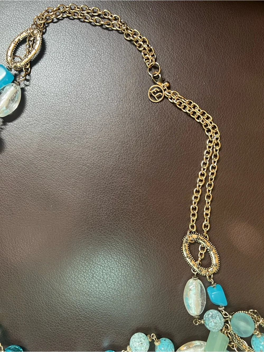 Erica Lyons Necklace Multi-layered Gold-Tone Chain with Blue Aqua Beads 36”